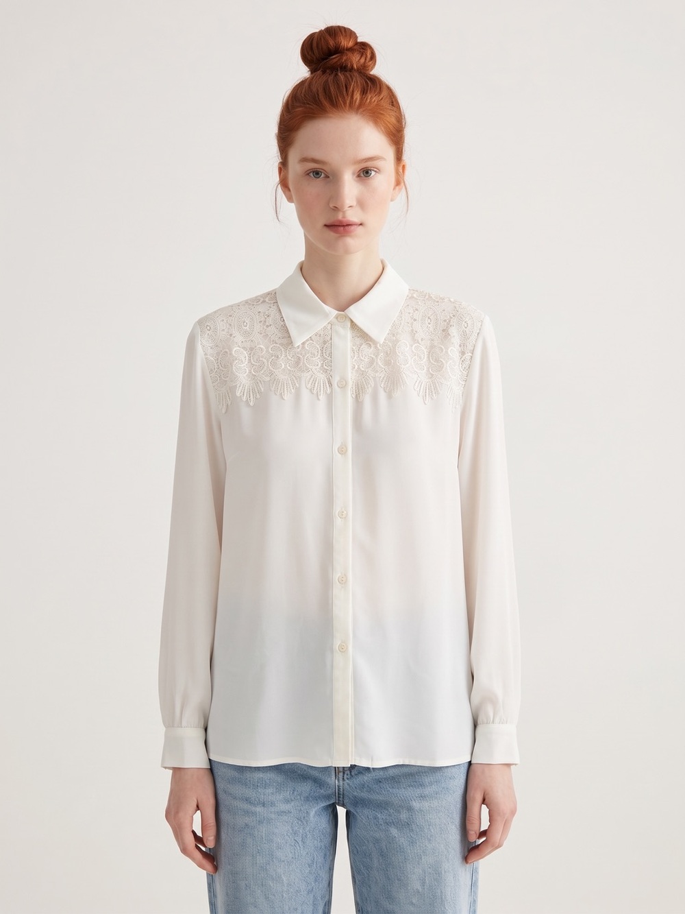 Kathy Che Vintage Made in USA Elegant Cream Lace-Trim Blouse. Cottagecore. L